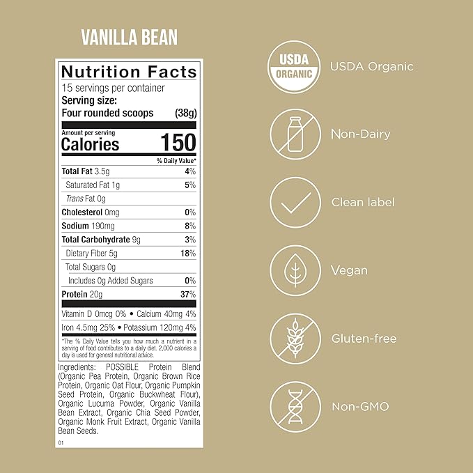 Possible Protein Powder Vanilla Bean - 20g of Vegan, Plant-Based Protein Mix - Non-GMO, Non-Dairy, Gluten-Free - 3.5g of BCAAs - 9 Essential Amino Acids - 30-Day Supply - 2 Bag, 30 Servings