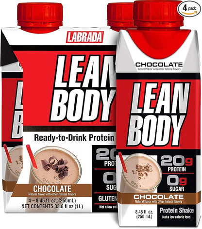 Labrada Lean Body Ready-to-Drink Chocolate Shake, 20g Protein, Whey Blend, 0 Sugar, Gluten Free, 22 Vitamins & Minerals, (Recyclable Carton & Lid - Pack of 4)