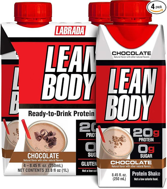 Labrada Lean Body Ready-to-Drink Chocolate Shake, 20g Protein, Whey Blend, 0 Sugar, Gluten Free, 22 Vitamins & Minerals, (Recyclable Carton & Lid - Pack of 4)