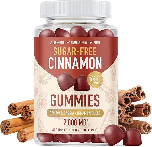 Sugar-Free Cinnamon Gummies 2000MG with Ceylon Cinnamon & Cassia Complex | Sugar-Free Lifestyle Supplement & Guilt-Free Cinnamon Apple Flavor with Chromium | Vegan, Non-GMO, Gluten-Free | 60 Gummies