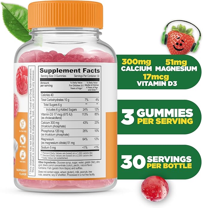 Lifeable Kids Calcium Magnesium and Vitamin D Gummies | Great Tasting Kids Calcium Gummies | for Tooth and Bone Health | Bone Strength Supplements for Kids | 90 Gummies