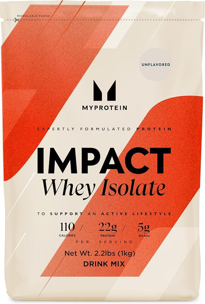 Myprotein® Impact Whey Isolate Protein Powder, Gluten Free Protein Powder, Muscle Mass Protein Powder, Dietary Supplement for Weight Loss, GMO & Soy Free, Whey Protein Powder , Unflavored, 2.2 Lbs