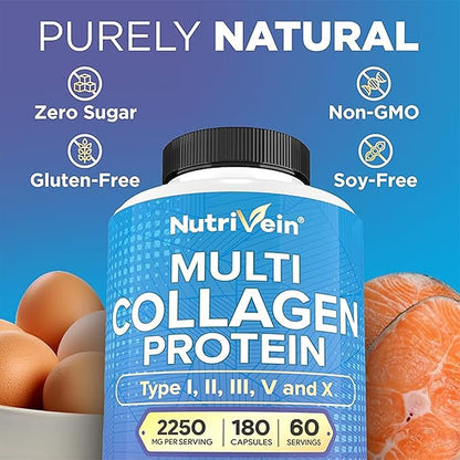 Nutrivein Multi Collagen Pills 2250mg - 180 Collagen Capsules - Type I, II, III, V, X - Anti-Aging, Healthy Joints, Hair, Skin, Bones, Nails, Hydrolyzed Protein Collagen Peptides for Woman and Men