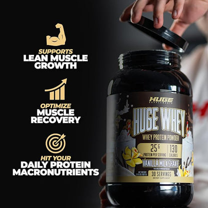Huge Whey, Protein Powder for Muscle Gain, 25g Protein, 12g EAAs, Supports Muscle Growth, Performance & Recovery (Vanilla Milkshake, 30 Servings)