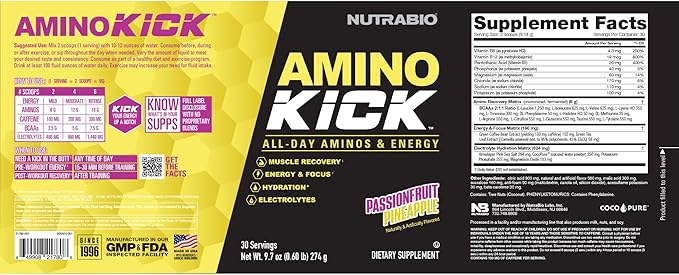 NutraBio Amino Kick - Amino Acid Energy Formula - BCAA's, Electrolytes for Hydration, Natural Caffeine- 30 Servings(Pineapple Passionfruit)