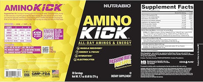 NutraBio Amino Kick - Amino Acid Energy Formula - BCAA's, Electrolytes for Hydration, Natural Caffeine- 30 Servings(Pineapple Passionfruit)