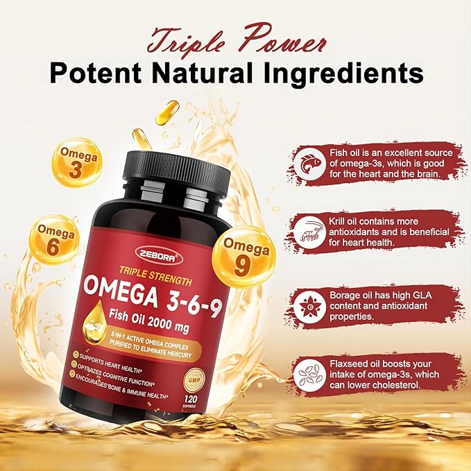 Triple Omega 3-6-9 Fish Oil 2000mg - High Potency with Vitamin D3 & Astaxanthin, Support for Heart, Brain and Immune Health - Includes Flaxseed & Borage, 60 Servings