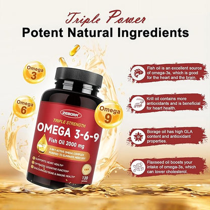 Triple Omega 3-6-9 Fish Oil 2000mg - High Potency with Vitamin D3 & Astaxanthin, Support for Heart, Brain and Immune Health - Includes Flaxseed & Borage, 60 Servings