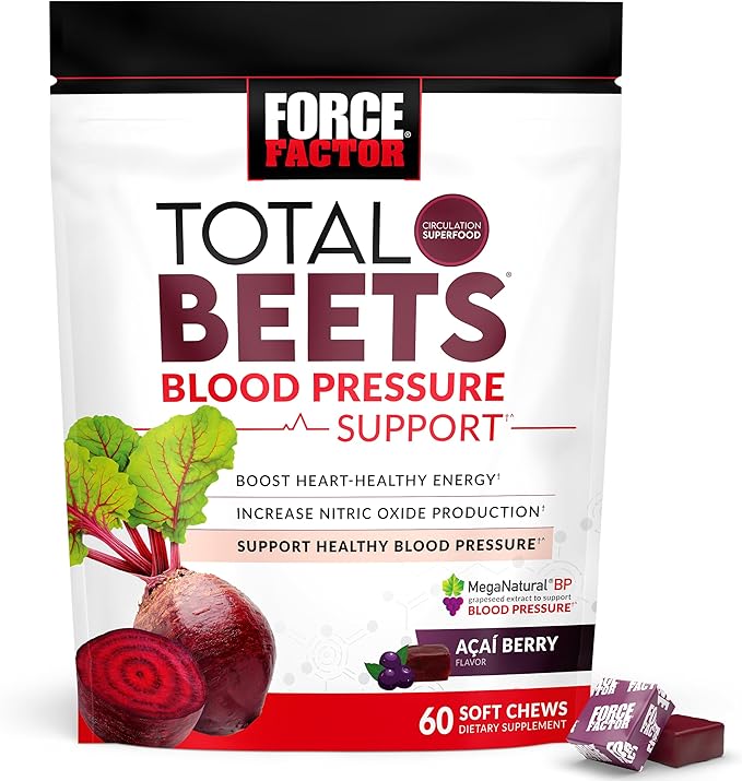 Force Factor Total Beets Blood Pressure Support Supplements with Beet Powder, Great-Tasting Beets Chewables for Heart-Healthy Energy, and Increased Nitric Oxide, 60 Chews