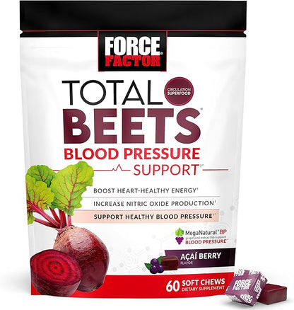 Force Factor Total Beets Blood Pressure Support Supplements with Beet Powder, Great-Tasting Beets Chewables for Heart-Healthy Energy, and Increased Nitric Oxide, 60 Chews