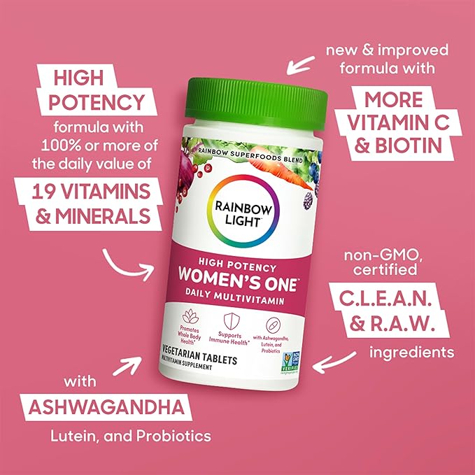Rainbow Light Womens One High-Potency Daily Multivitamin, Womens Multivitamin Provides High-Potency Immune Support, With Vitamin C, Biotin and Ashwagandha, Vegetarian, 30 Count