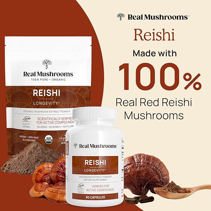 Real Mushrooms Reishi Capsules - Organic Mushroom Extract Supplement with Potent Red Reishi Mushroom - Vegan Mushroom Supplement, Non-GMO, 90 Caps