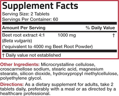 Bronson Beet Root Double Strength 4000mg Equivalent (from 1000 mg of 4:1 Extract), Non-GMO, 120 Vegetarian Tablets