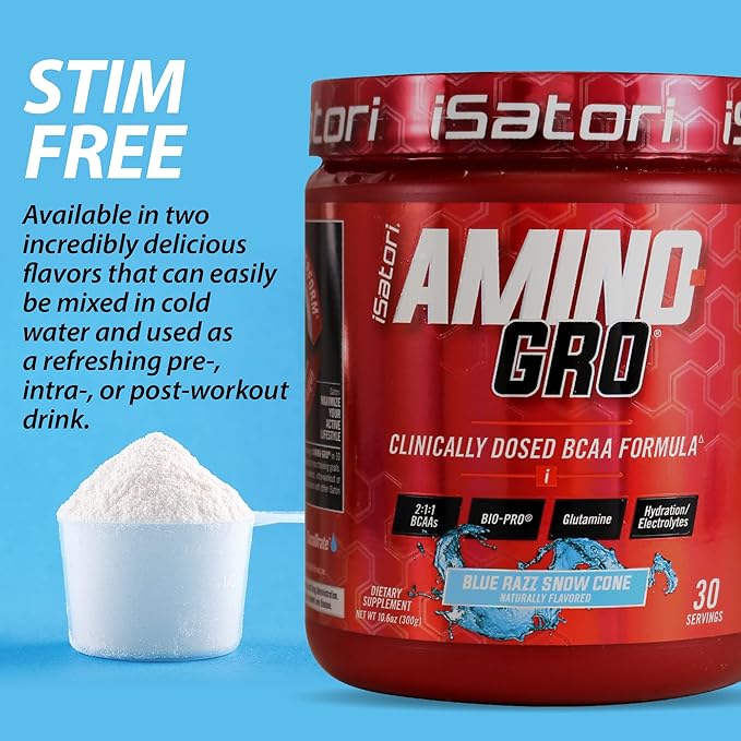 iSatori Amino-GRO BCAA Powder, Branched Chain Amino Acids with Glutamine, Electrolyte Powder & Bio-GRO Bio-Active Peptides for Muscle Growth & Post Workout Recovery, Blue Razz Snow Cone (30 Servings)