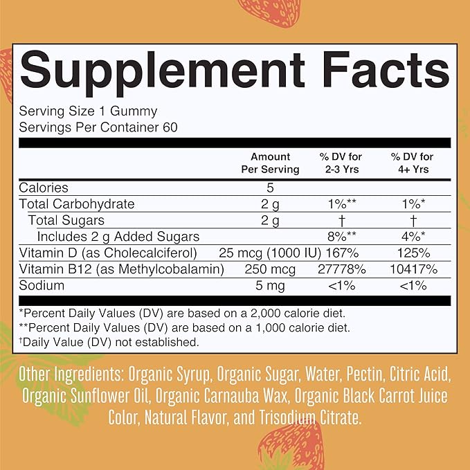 MaryRuth Organics's Vitamin D3 B12 Gummies | USDA Organic | 2 Month Supply | Vitamin D & B12 Vitamin Supplements for Adults & Kids | Bone Health | Healthy Energy Levels | Non-GMO | 60 Servings