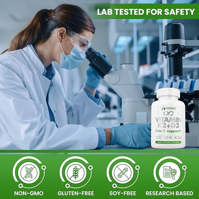 Balanced Vitamin K2 MK7 with D3 Supplement, 125mcg - Supports Strong Bones, Healthy Skin, Cardio. Fast Absorption, Easy Swallow, Non-GMO, Lab Tested Safe