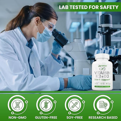 Balanced Vitamin K2 MK7 with D3 Supplement, 125mcg - Supports Strong Bones, Healthy Skin, Cardio. Fast Absorption, Easy Swallow, Non-GMO, Lab Tested Safe
