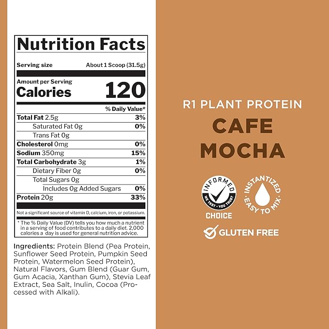 Rule 1 Proteins Plant Protein - Vegan, Gluten-Free, Dairy Free, & Soy Free Protein Powder with 20g Protein per Serving (20 Servings, Café Mocha)