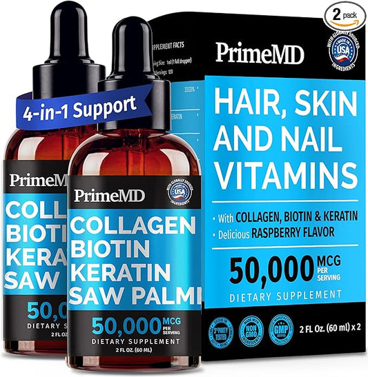 Liquid Collagen Peptides for Women - Complex with Biotin Vitamin, Hydrolyzed Keratin Protein and Saw Palmetto - Comprehensive Formula for Hair, Skin, and Nails Wellness - 2fl oz (Pack of 2)