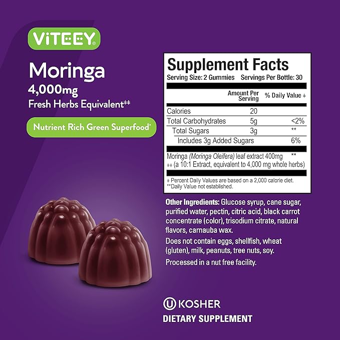 Moringa Gummies for Adults & Teens - Moringa Leaf Extract 4000mg - Immune Support, Energy Booster, Better Mood Support - Chewable Green Superfood - Vegan, Gelatin Free - Strawberry Flavored Gummy