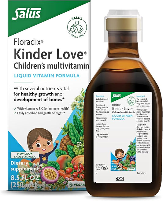 Floradix, Kinder Love Vegan Gluten-Free Children's Liquid Multivitamin for Healthy Development, 8.5 Fl Oz