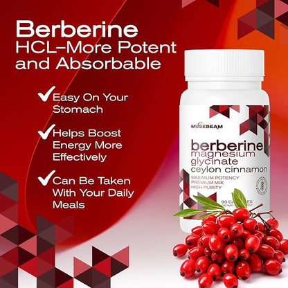 Berberine HCL Magnesium Glycinate Supplement - 1800mg High Purity Capsules with Ceylon Cinnamon - Vegan Friendly Non-GMO Gluten-Free Sugar Free Pill for Men Women