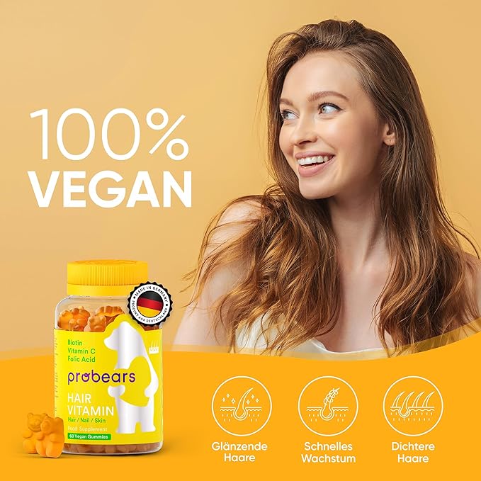 Probears® Biotin (B7) Vegan Hair Growth Gummies Vitamins - 10.000 mcg,Essential Vitamins A, B5, B6, B12, C, D2, E for Hair Loss Prevention - Gluten-Free, Gelatin-Free, Halal - 60 Count