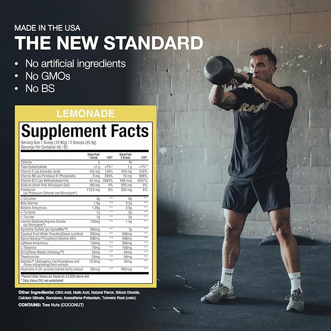 RAW Preworkout Powder, Thavage (Lemonade) - Chris Bumstead Sports Nutrition Supplement for Men & Women - Cbum Pre Workout for Working Out, Hydration, Mental Focus & Energy - 40 Servings