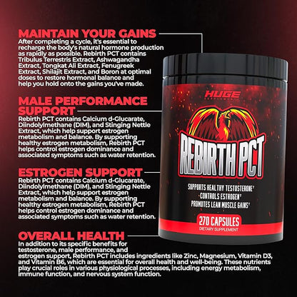 Rebirth PCT Supplement for Men, Most Stacked & Complete Post Cycle Therapy Formula - Science-Backed Ingredients & Optimal Dosages, Supercharge Recovery & Maintain Gains from Your Cycle (270 Capsules)