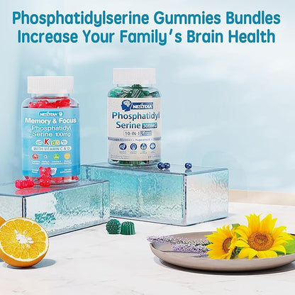 Phosphatidylserine Supplement 100mg, Focus Gummies for Kids Teens + Vitamin C & D3 400IU, Sugar Free Kids Brain Gummies Increase Attention & Concentration, Chewable, Vegan, Gluten Free, Non-GMO 2 Pack