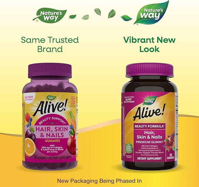 Nature's Way Alive! Hair, Skin & Nails Premium Gummies, Beauty Formula*, with Collagen, Biotin, Vitamins C & E, Strawberry Flavored, 60 Gummies (Packaging May Vary)