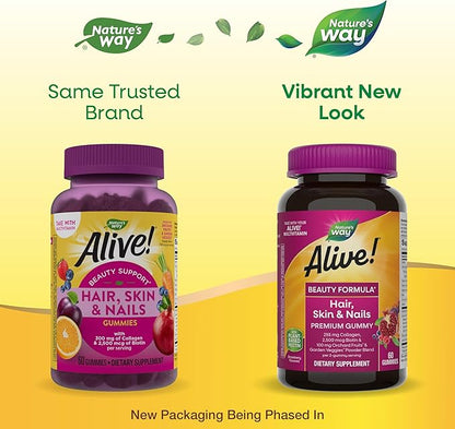 Nature's Way Alive! Hair, Skin & Nails Premium Gummies, Beauty Formula*, with Collagen, Biotin, Vitamins C & E, Strawberry Flavored, 60 Gummies (Packaging May Vary)
