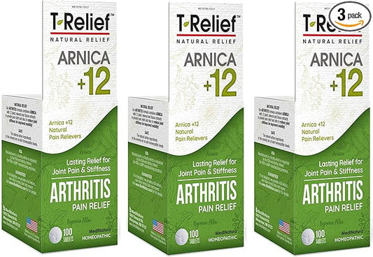 T-Relief Extra Strength Arthritis Pain Reliever Arnica +12 Natural Medicines for Joint Soreness Stiffness Aches, Quick Dissolving Pain Relief for Women & Men - 100 Tablets (Pack of 3)