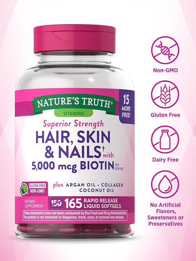 Nature's Truth Hair, Skin & Nails Vitamin | 5000mcg Biotin | 165 Softgels | with Collagen | Non-GMO & Gluten Free Supplement