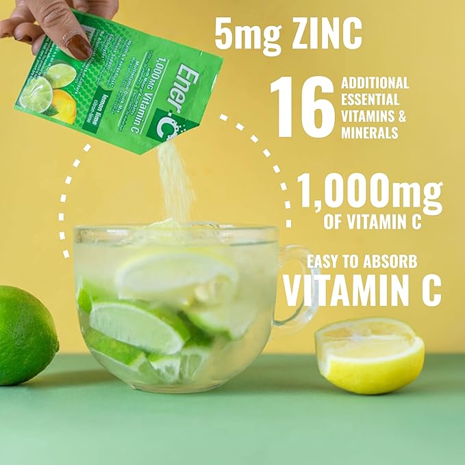 Ener-C Lemon Lime Multivitamin Drink Mix Powder Vitamin C 1000mg & Electrolytes with Real Fruit Juice Natural Energy & Immune Support for Women & Men - Non-GMO Vegan & Gluten Free - 60 Count
