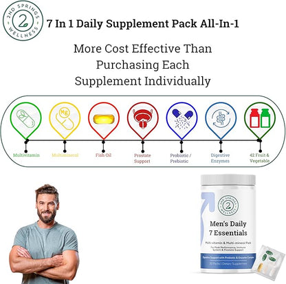 Daily 7 Essentials Men's Vitamin Pack - 7 Pack Adult Male Multivitamin & Multimineral Pack for Energy, Metabolism, Immune System Support, Prostate Support with Probiotic, Digestive Enzymes