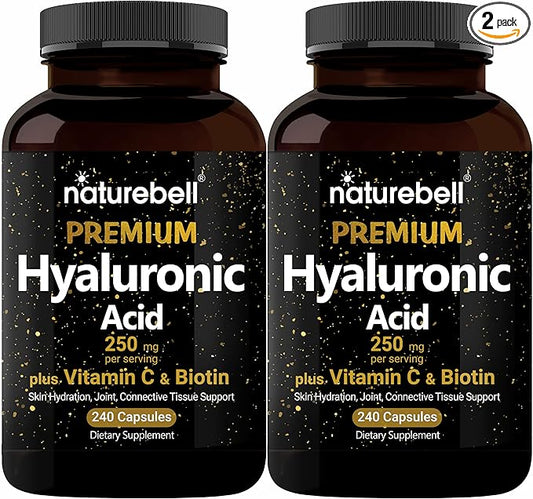NatureBell 2 Pack Plant Based Hyaluronic Acid Supplements 250mg with 25mg Vitamin C & Biotin 5000mcg, 480 Total Capsules | Essential for Hair Growth, Joint Support, & Hydrating Skin | Non-GMO