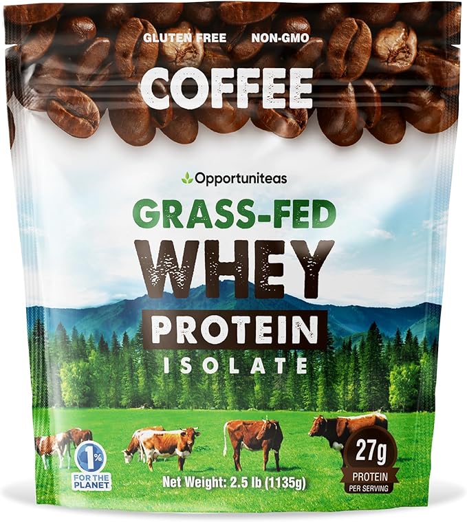 Opportuniteas Grass Fed Coffee Whey Protein Isolate Powder - 27g Protein Powder Without Artificial Sweeteners, Hormone-Free Cows, Non GMO - 2.5lb