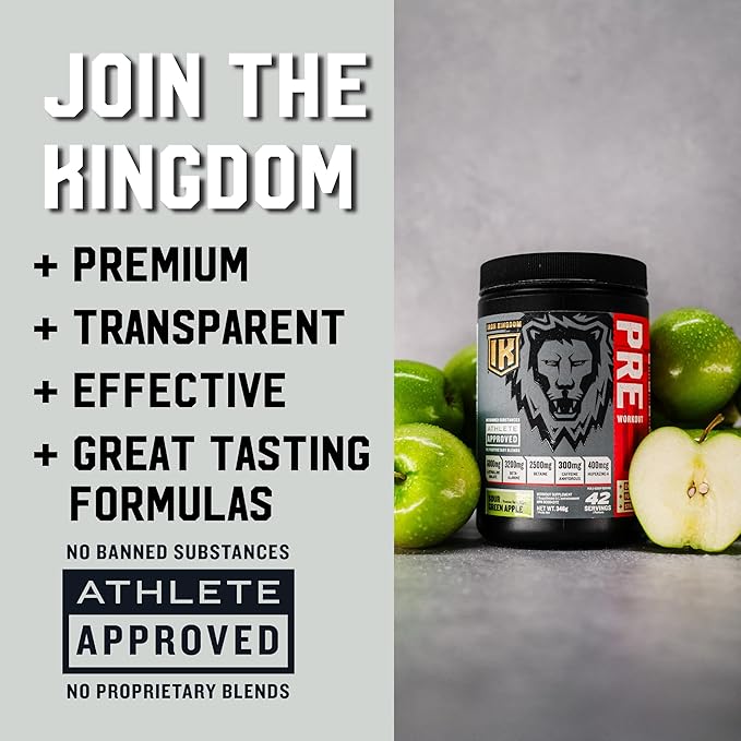 Iron Kingdom Pre Workout Powder for Men & Women Caffeine, Beta Alanine & Aminos for Intense Focus Endurance & Pump - Preworkout Energy Drink Powder Natural Sour Green Apple - 42 Servings