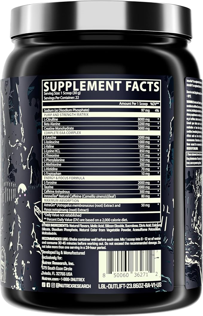 Nutrex Outlift Clinically Dosed Pre Workout Powder with Creatine, 8G Citrulline, EAA | Energy, Performance, Pump Preworkout Supplement for Men & Women (22 Servings, Berried Alive)