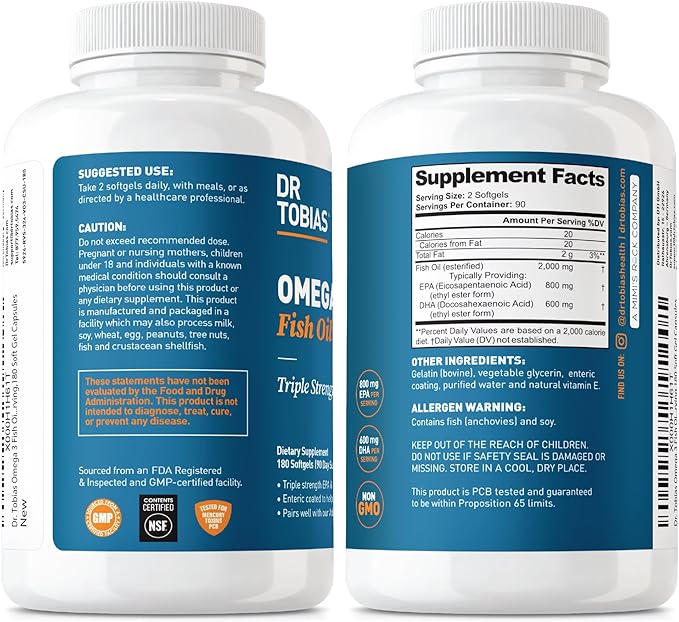 Dr. Tobias Omega 3 Fish Oil, 2000mg Triple Strength Omega 3 Supplement with 800mg EPA 600mg DHA Per Serving, Fish Oil Omega 3 Supplements for Heart, Brain & Immune Support, 180 Softgels, 90 Servings
