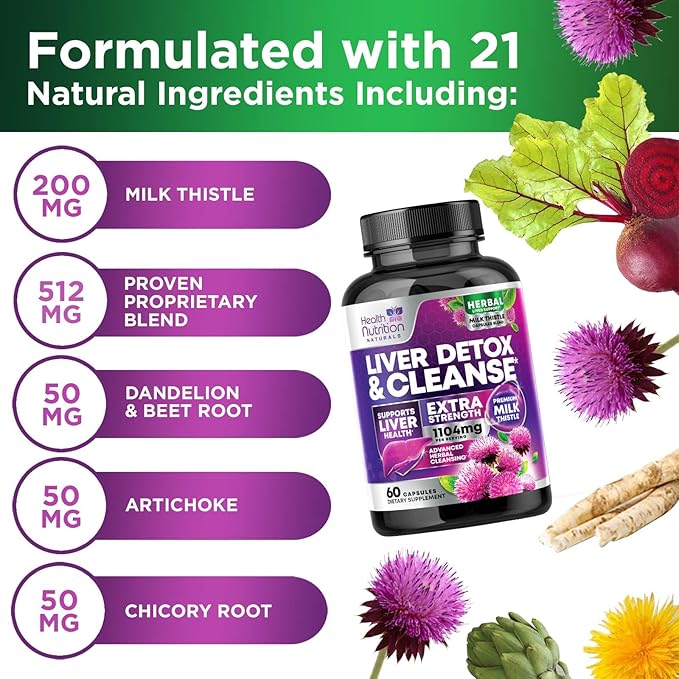 Gentle Liver Cleanse Detox & Repair Formula - Herbal Liver Support Supplement: Milk Thistle with Silymarin, Artichoke Extract, Dandelion, Beet, Chicory Root, & Turmeric for Liver Health - 60 Capsules