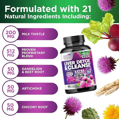 Gentle Liver Cleanse Detox & Repair Formula - Herbal Liver Support Supplement: Milk Thistle with Silymarin, Artichoke Extract, Dandelion, Beet, Chicory Root, & Turmeric for Liver Health - 60 Capsules