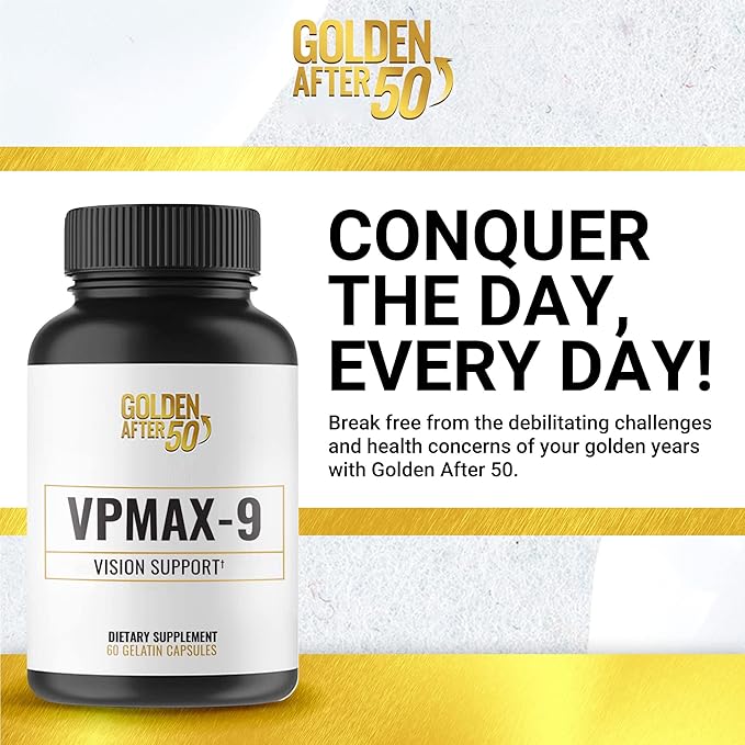 Golden After 50 VpMax-9 - Sight Care and Antioxidant Supplement with Eye Vitamins, Lutein, Lycopene and Bilberry Extract - 6 Bottles