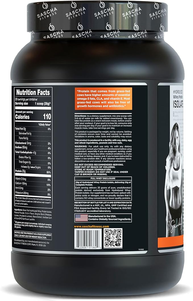 SASCHA FITNESS Hydrolyzed Whey Protein Isolate,100% Grass-Fed (2.3 Pounds, Peanut Butter)