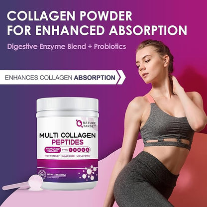 NATURE TARGET Multi Collagen Peptides Powder - Type I, II, III, V, X - Hydrolyzed Collagen Peptides with Vitamin C Hyaluronic Acid, Supports Skin Hair Nail & Joint, Grass-Fed, Non-GMO, 35 Servings