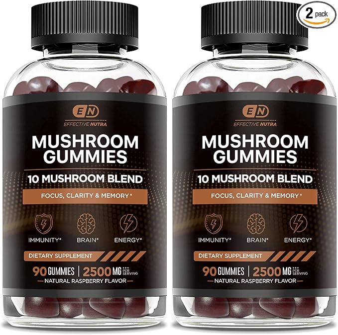 Mushroom Gummies 10 Blend - Mushroom Complex 2500mg - Mushroom Supplement for Men & Women - Brain Booster, Immune Support, Energy 90ct (2-Pack)