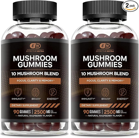 Mushroom Gummies 10 Blend - Mushroom Complex 2500mg - Mushroom Supplement for Men & Women - Brain Booster, Immune Support, Energy 90ct (2-Pack)