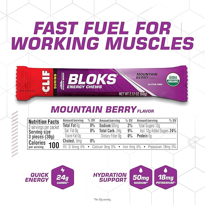 CLIF BLOKS - Mountain Berry Flavor - Energy Chews - Non-GMO - Plant Based - Fast Fuel for Cycling and Running - Quick Carbohydrates and Electrolytes - 2.12 oz. (18 Count)