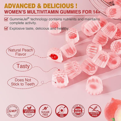NEVISS Womens Multivitamin Gummies, Sugar-Free Methylated Multivitamin for Women/w Omega-3, Enzymes & Probiotic, Calcium, Vitamin C, D3, Folate, Biotin, Inositol - Skin, Hair Growth, All Over Health.